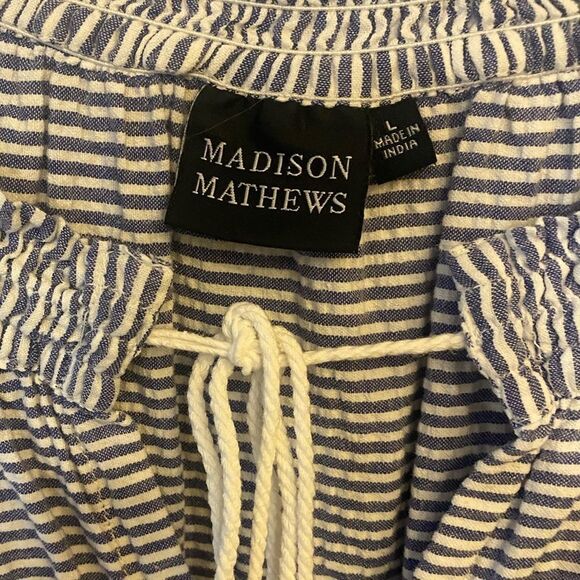 Madison Mathews Sz L Blue White Cotton Front Tie Relaxed Peplum Dress - Picture 4 of 8